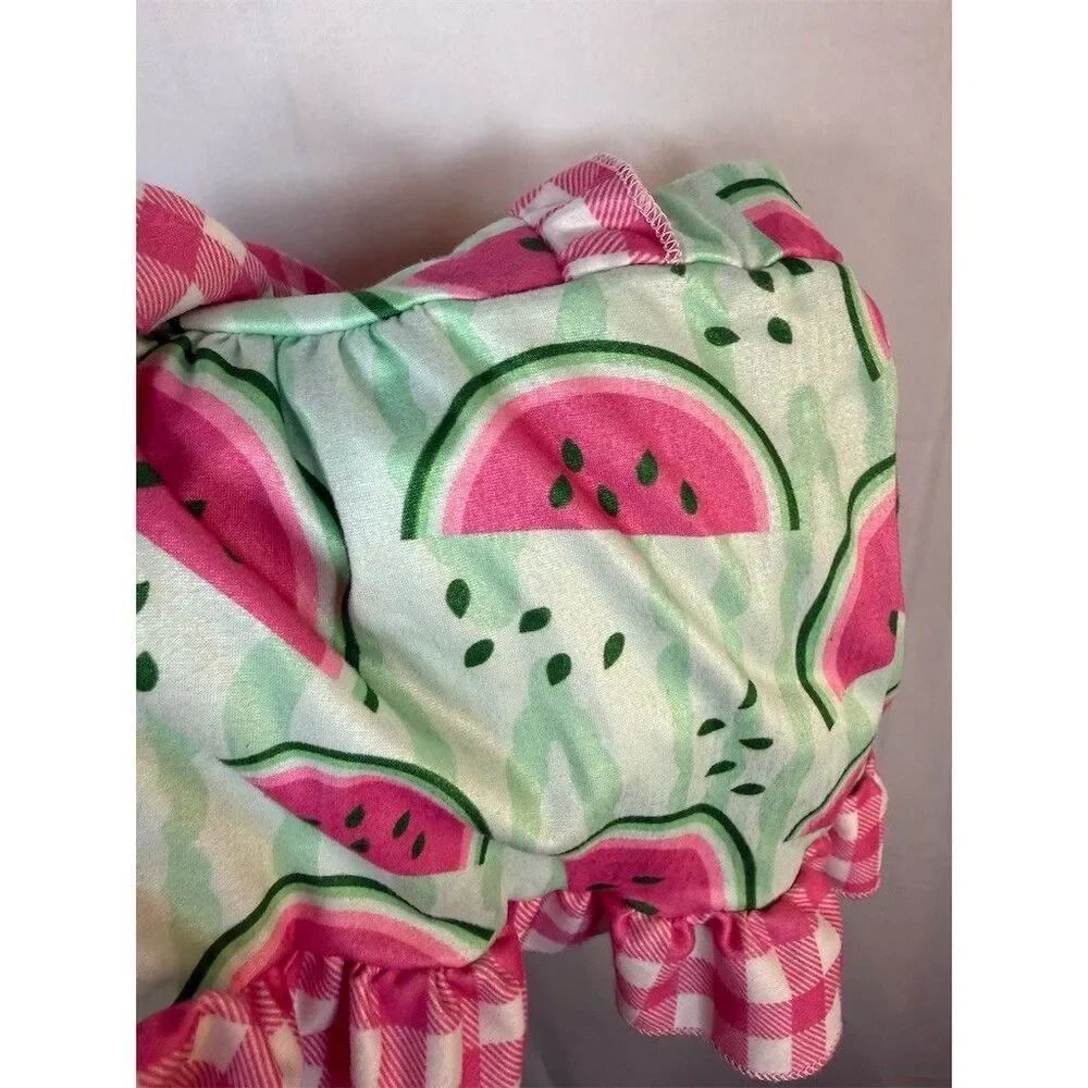 Baby Girl Watermelon Print Romper Dress Pink Gingham Ruffles Tie Straps